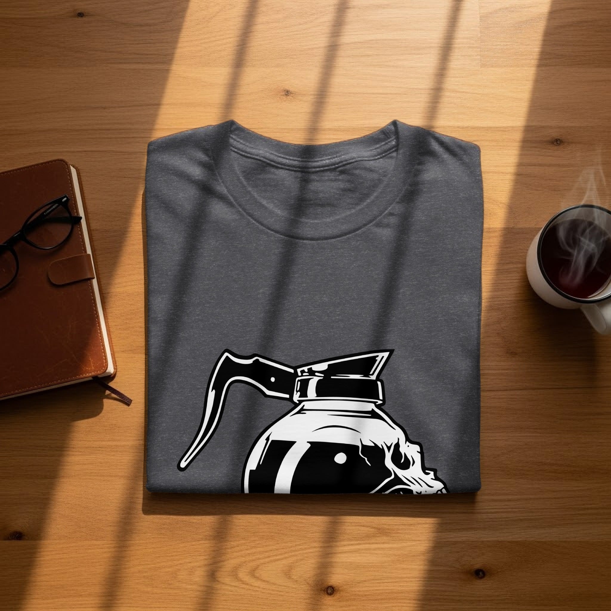 Dark grey t-shirt with a coffee pot made of a skull design.