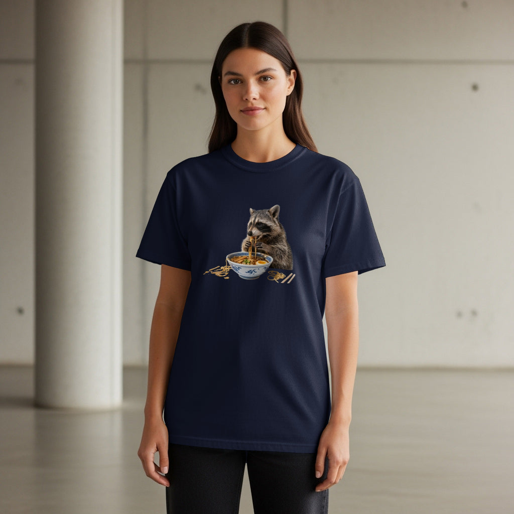 Navy t-shirt with a graphic of a raccoon eating ramen noodles.