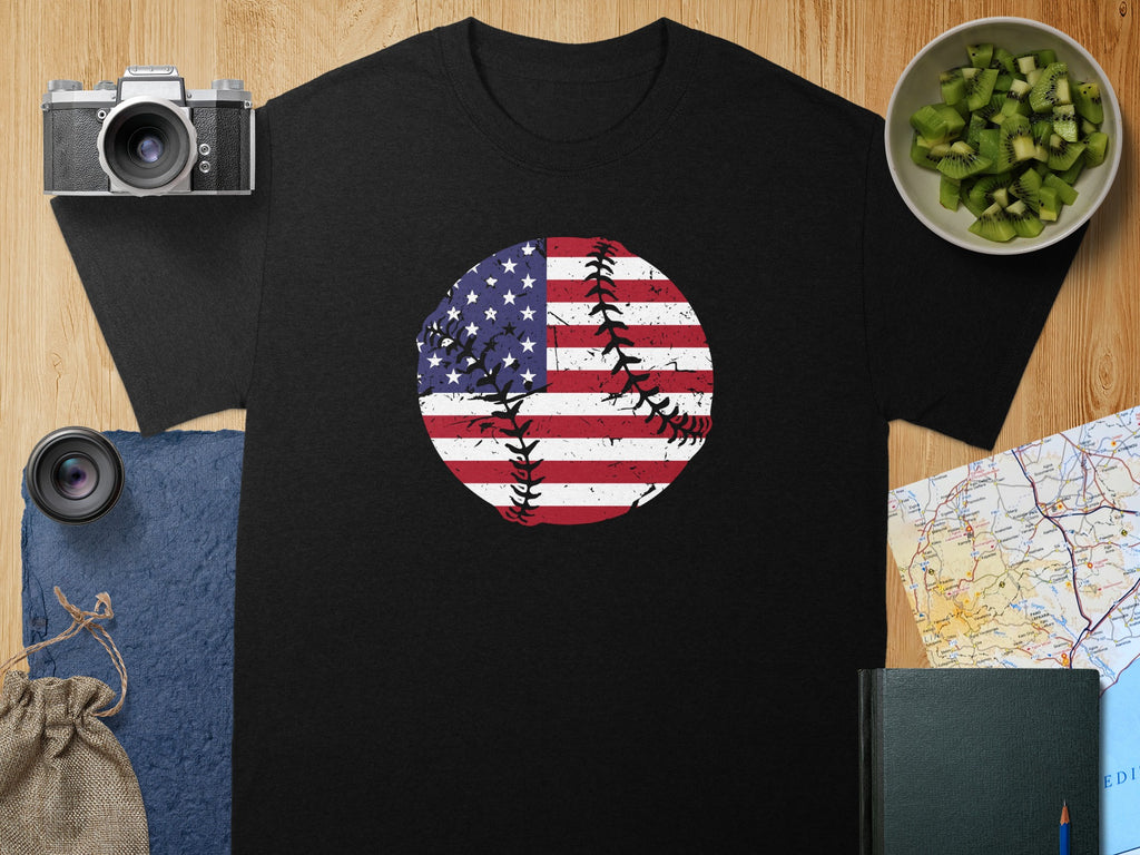 Black t-shirt with distressed American flag baseball graphic on chest.