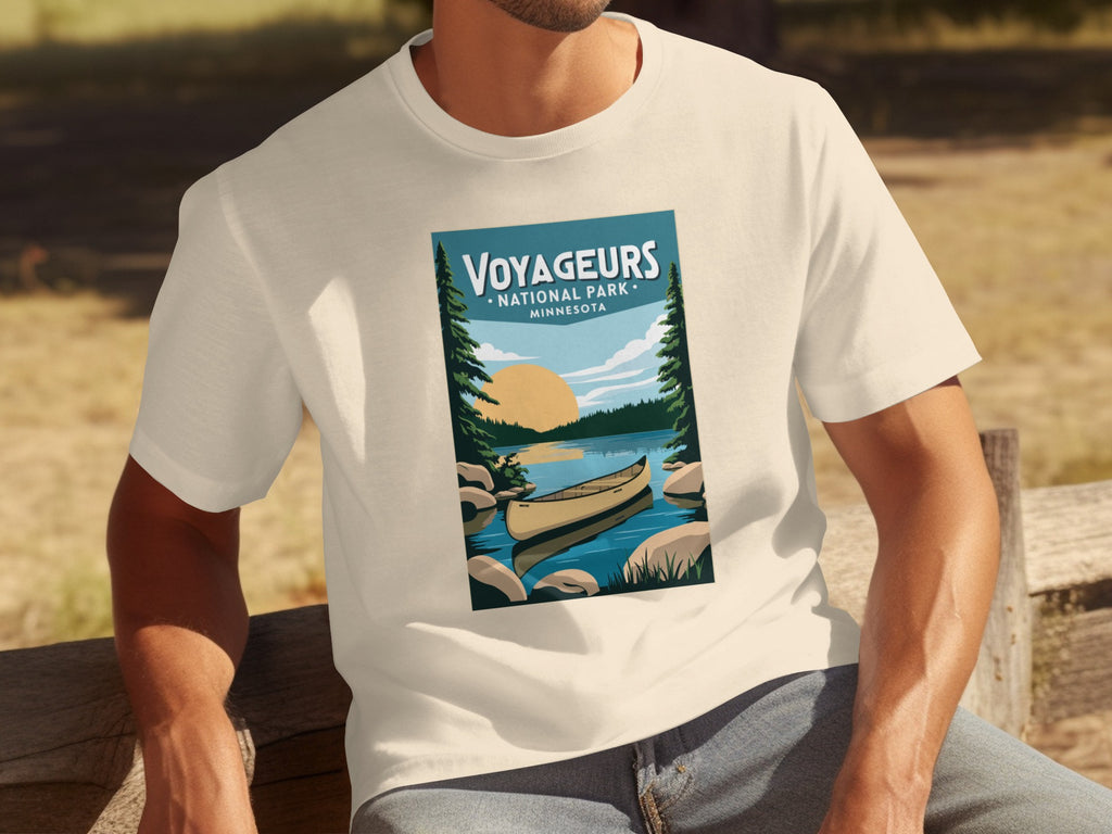 Voyageurs National Park Minnesota graphic on a light t-shirt with a canoe.