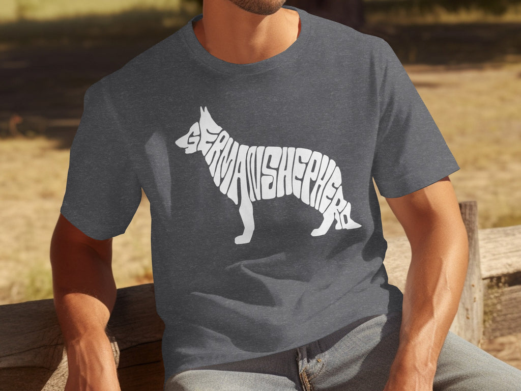 Dark grey t-shirt with a German Shepherd silhouette made of text.