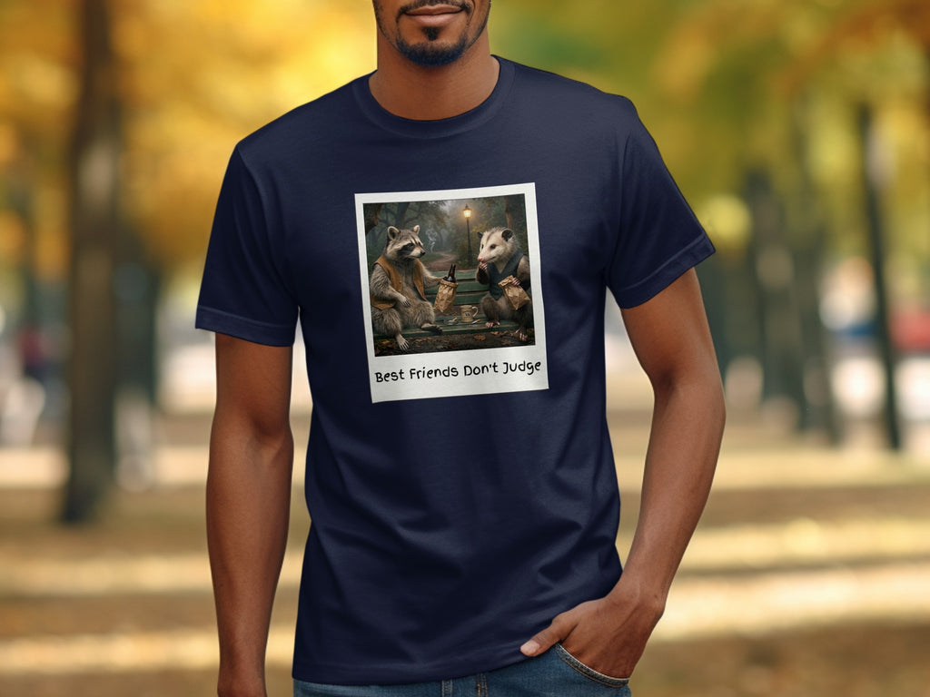 T-shirt with polaroid of raccoon and possum sharing drinks with text "Best Friends Don't Judge".