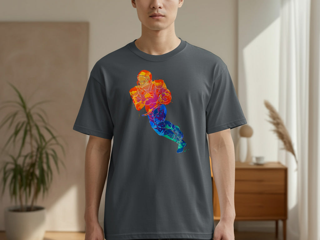 Dark grey t-shirt featuring a colorful watercolor-style football player graphic.
