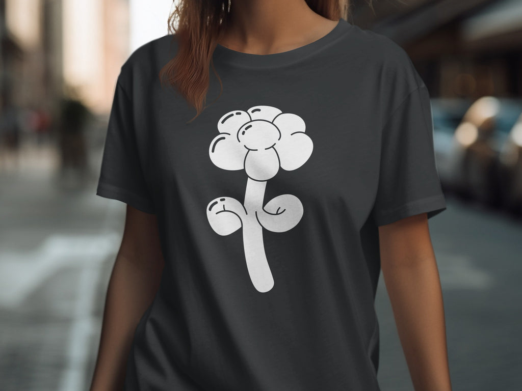 Dark gray t-shirt with a white cartoon flower graphic.