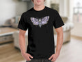 Black t-shirt featuring a watercolor death's-head hawkmoth graphic with a skull on its head.