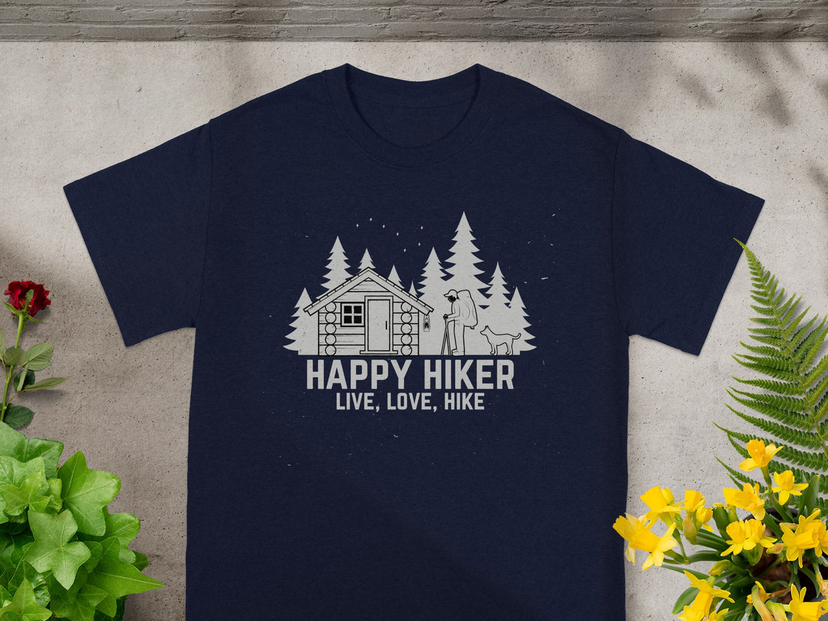 Navy t-shirt with "Happy Hiker Live, Love, Hike" graphic.