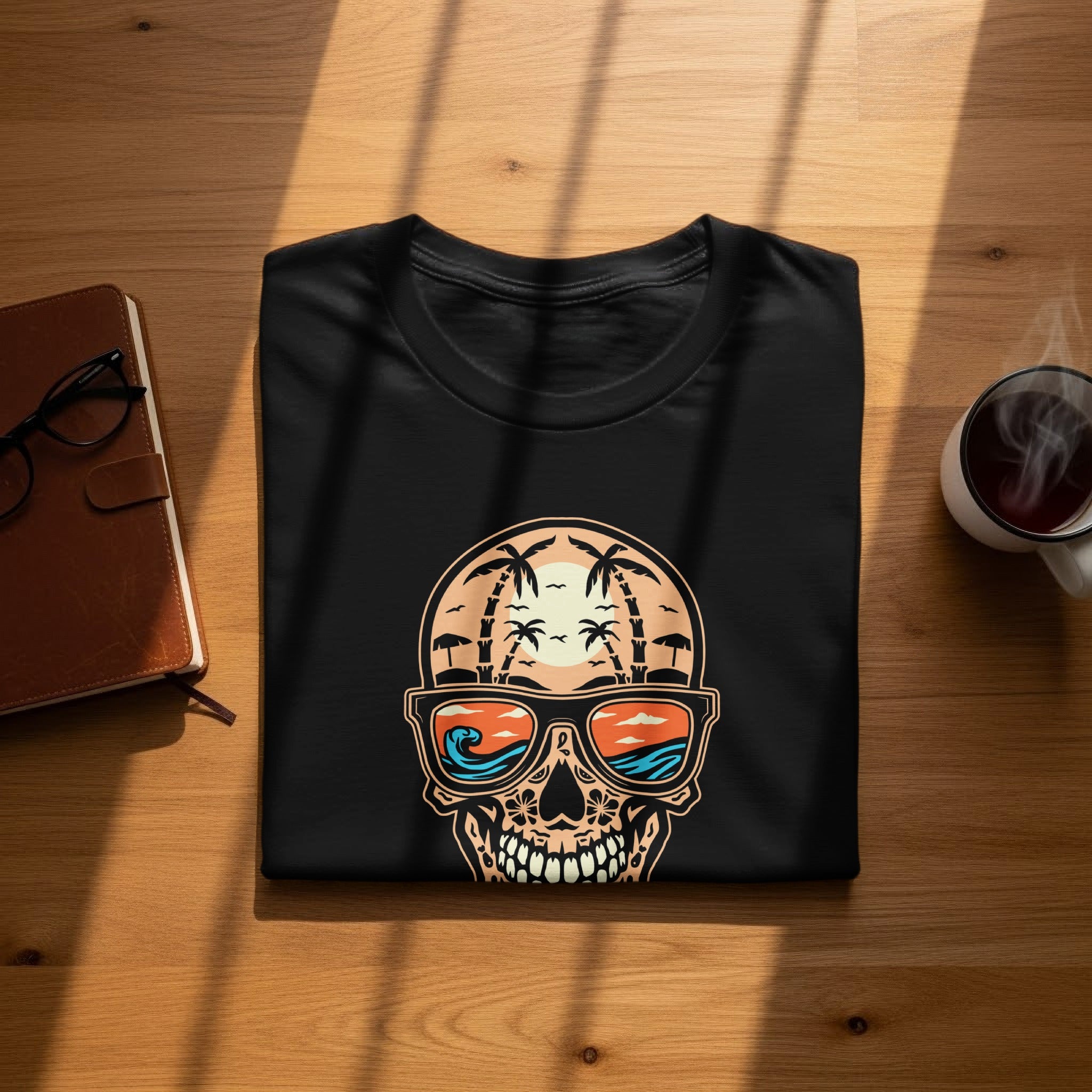 Black t-shirt with skull graphic featuring sunglasses reflecting a beach scene.