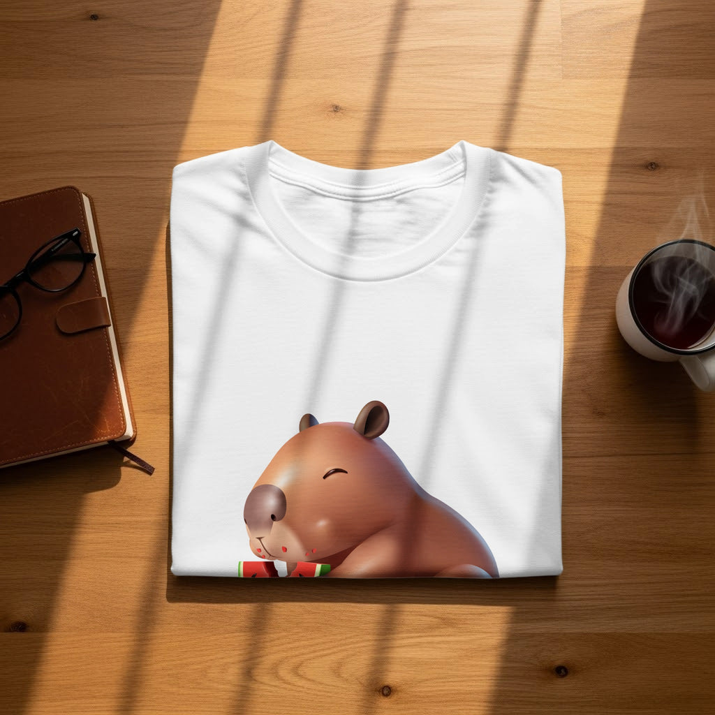 White t-shirt with a smiling capybara eating watermelon graphic.