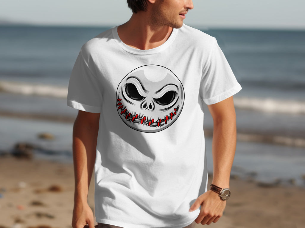 White t-shirt with stitched skull face graphic on chest, man wearing shirt outdoors
