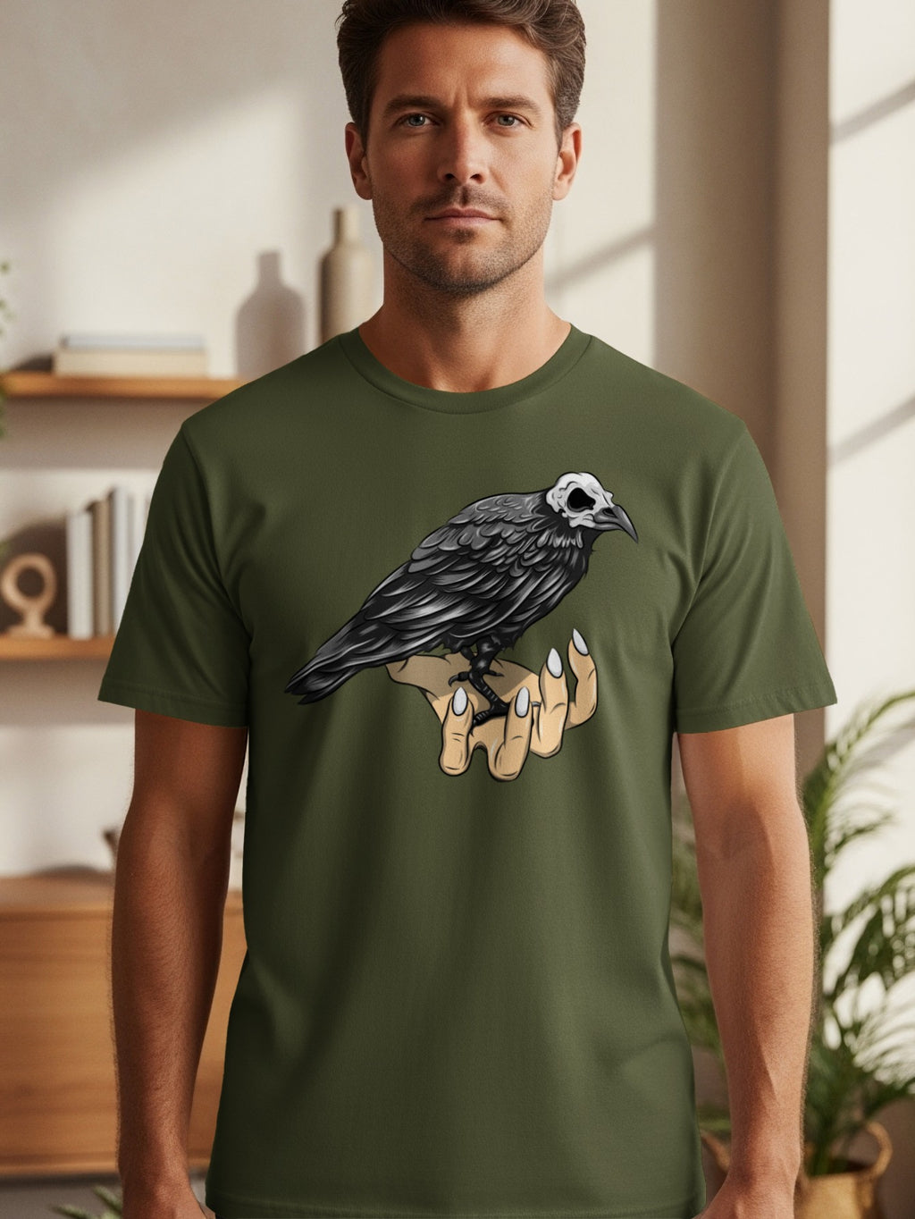 T-shirt with a raven on a skeletal hand graphic.