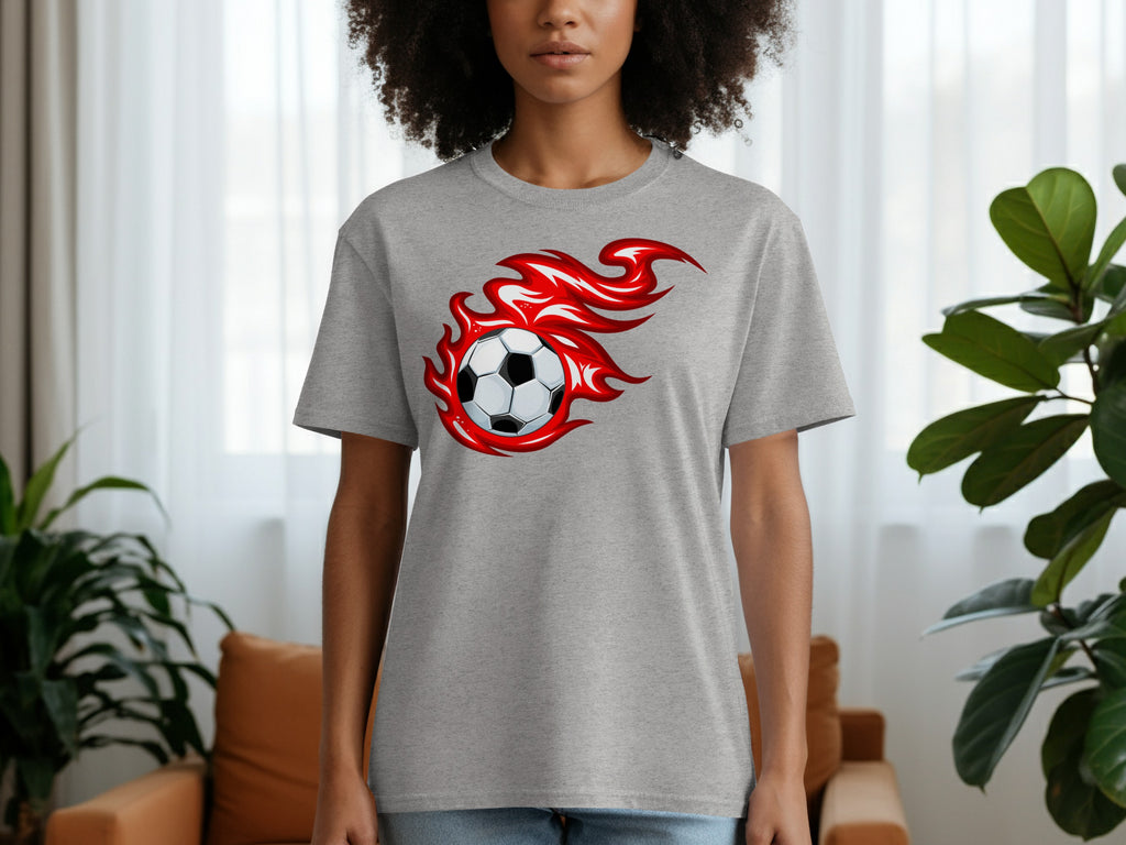 Grey t-shirt on woman with soccer ball design in red flames.