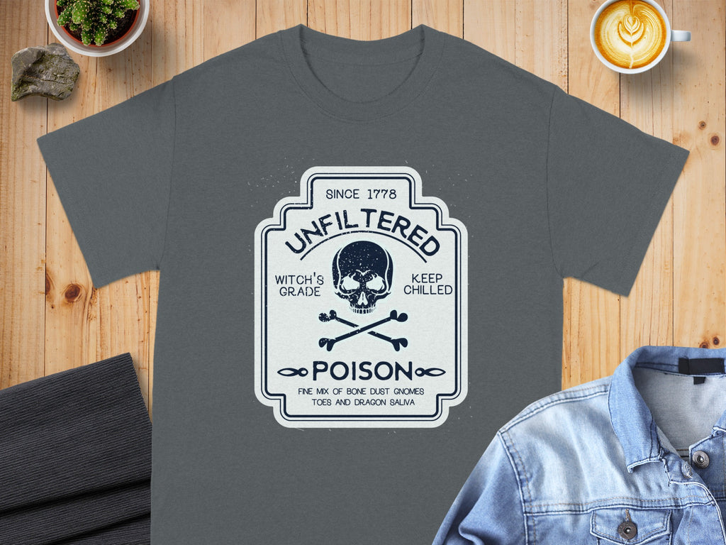 Dark gray t-shirt with a distressed label graphic featuring a skull, crossbones, and "Poison" text.