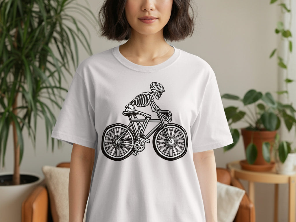 Skeleton cyclist graphic on a white t-shirt.