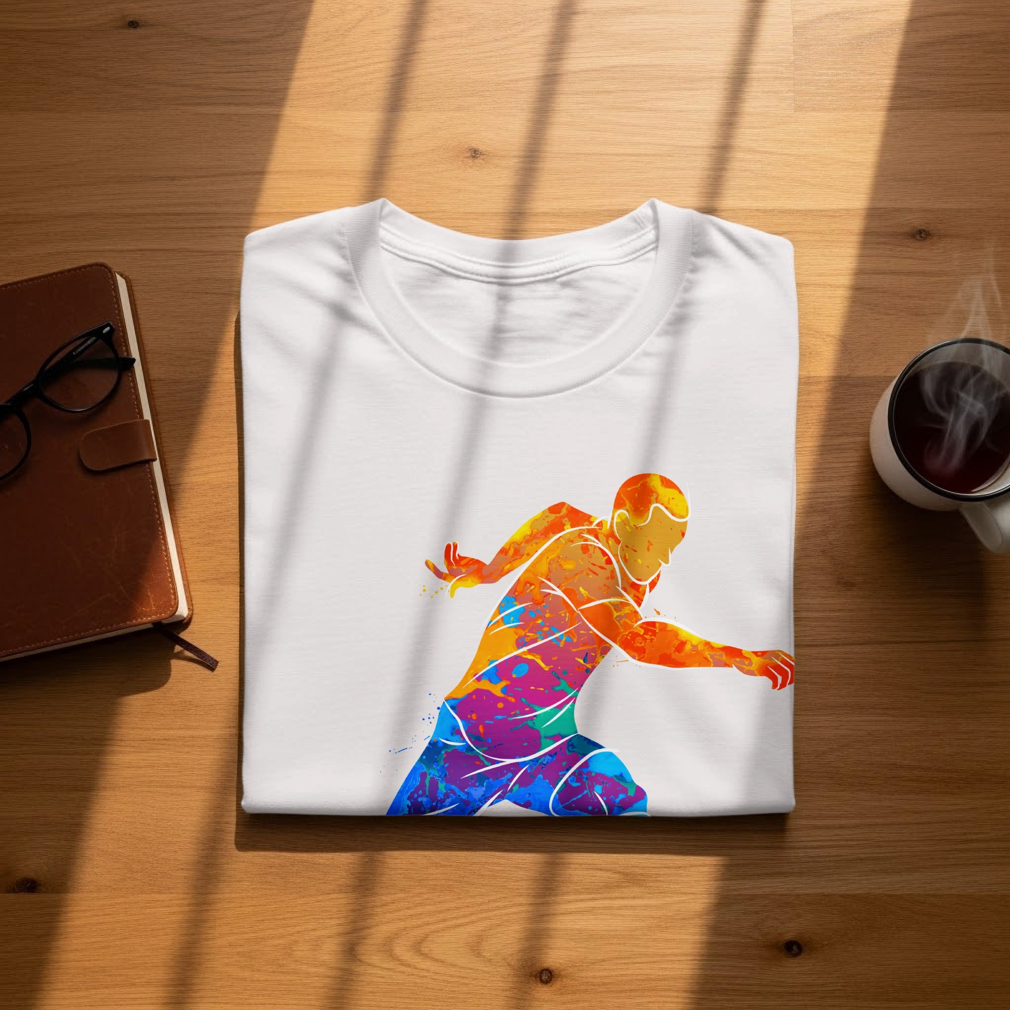 White t-shirt with a colorful abstract running figure graphic.