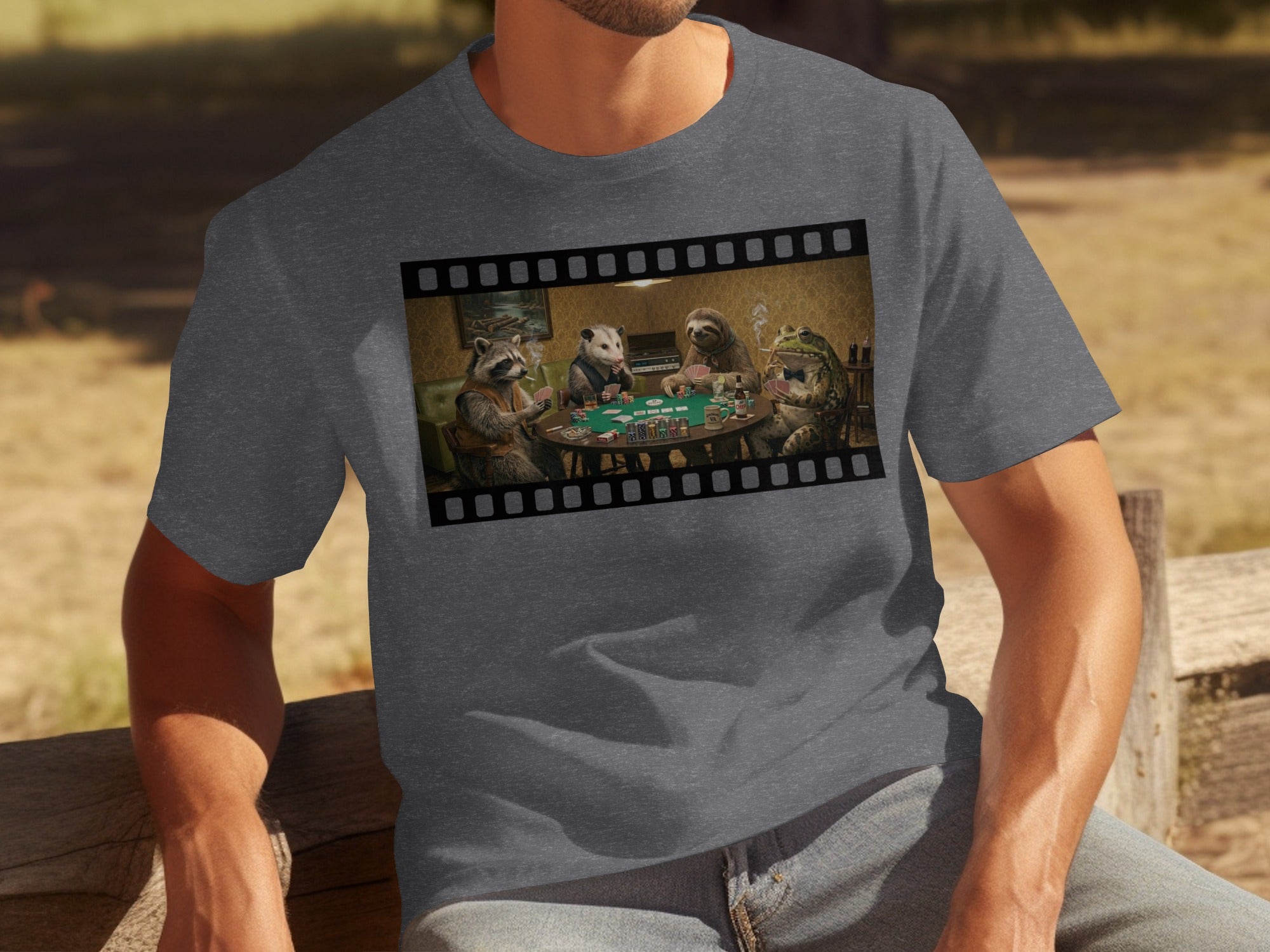 Raccoon, opossum, sloth, and frog playing poker in a film strip image.