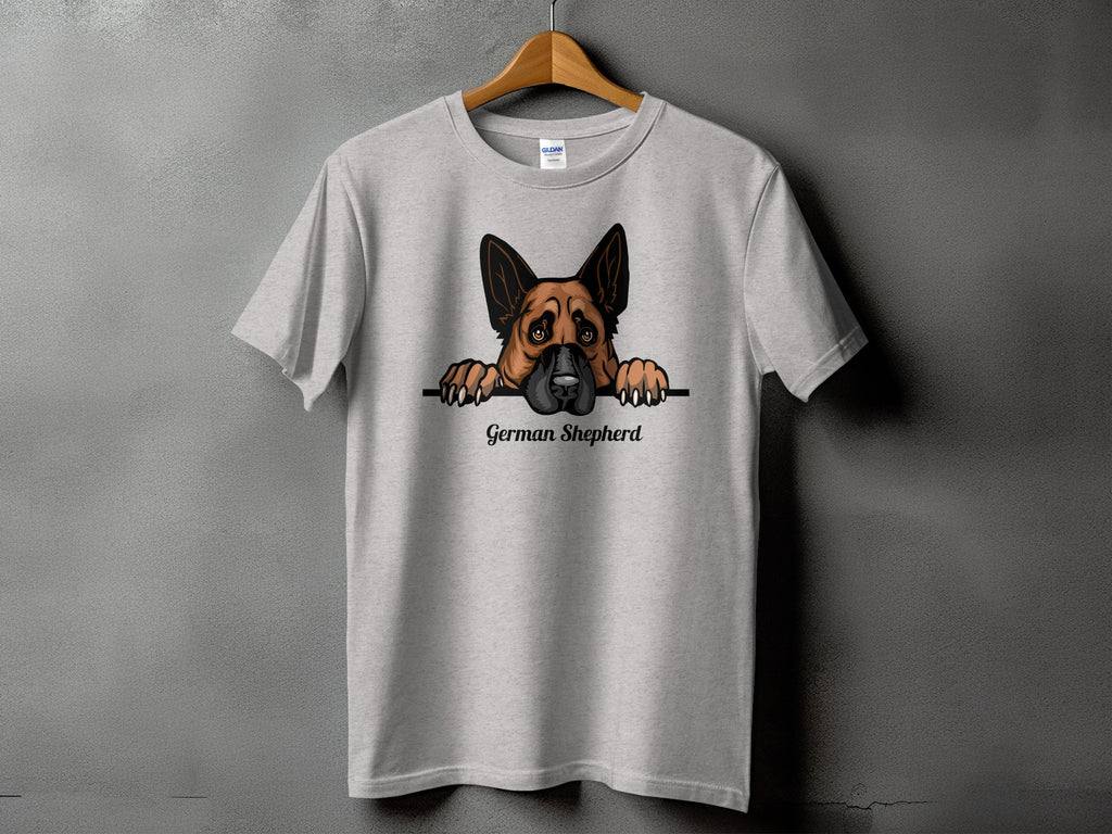 Grey t-shirt with a German Shepherd peeking over a line.