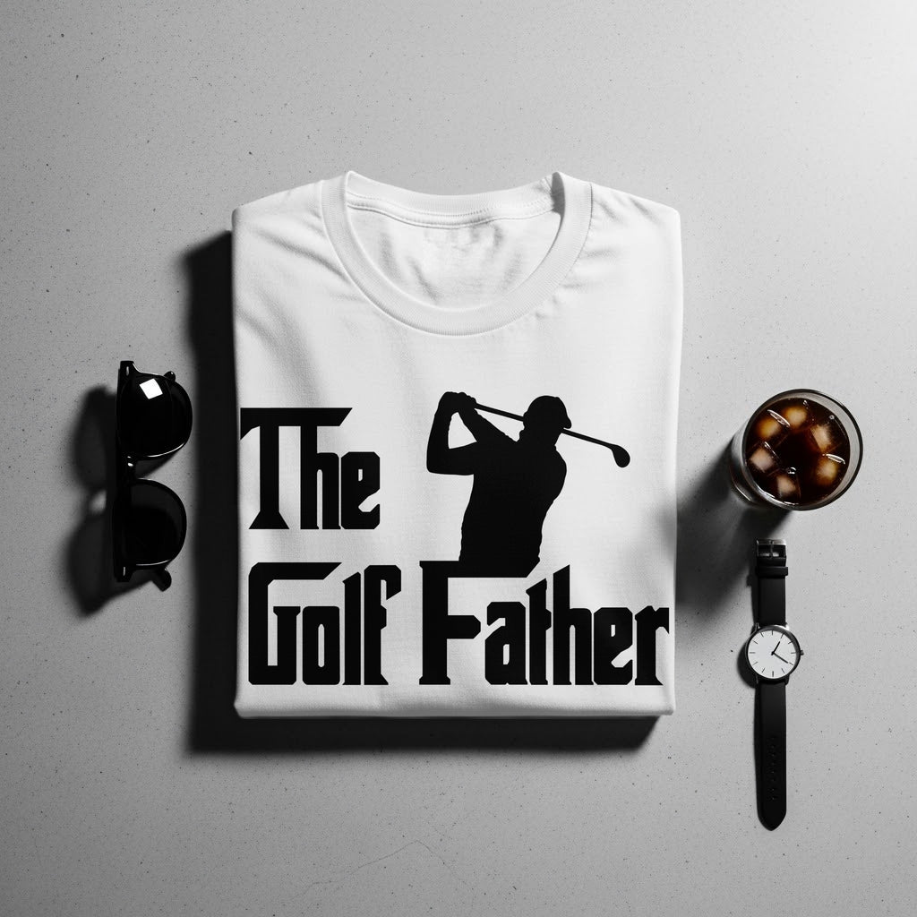 White t-shirt with "The Golf Father" text and golfer silhouette.