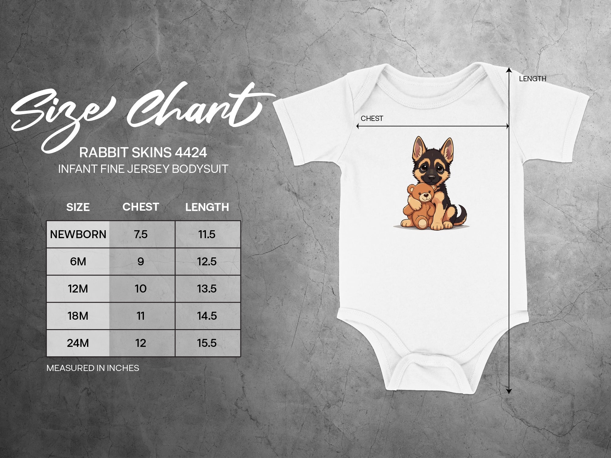 Size chart for Rabbit Skins 4424 infant bodysuit with puppy and teddy bear graphic.