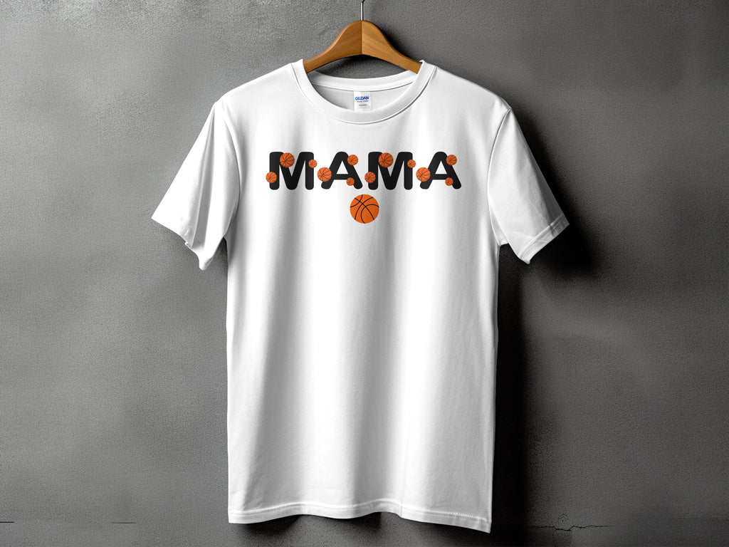 White t-shirt with "MAMA" text and basketball graphics.