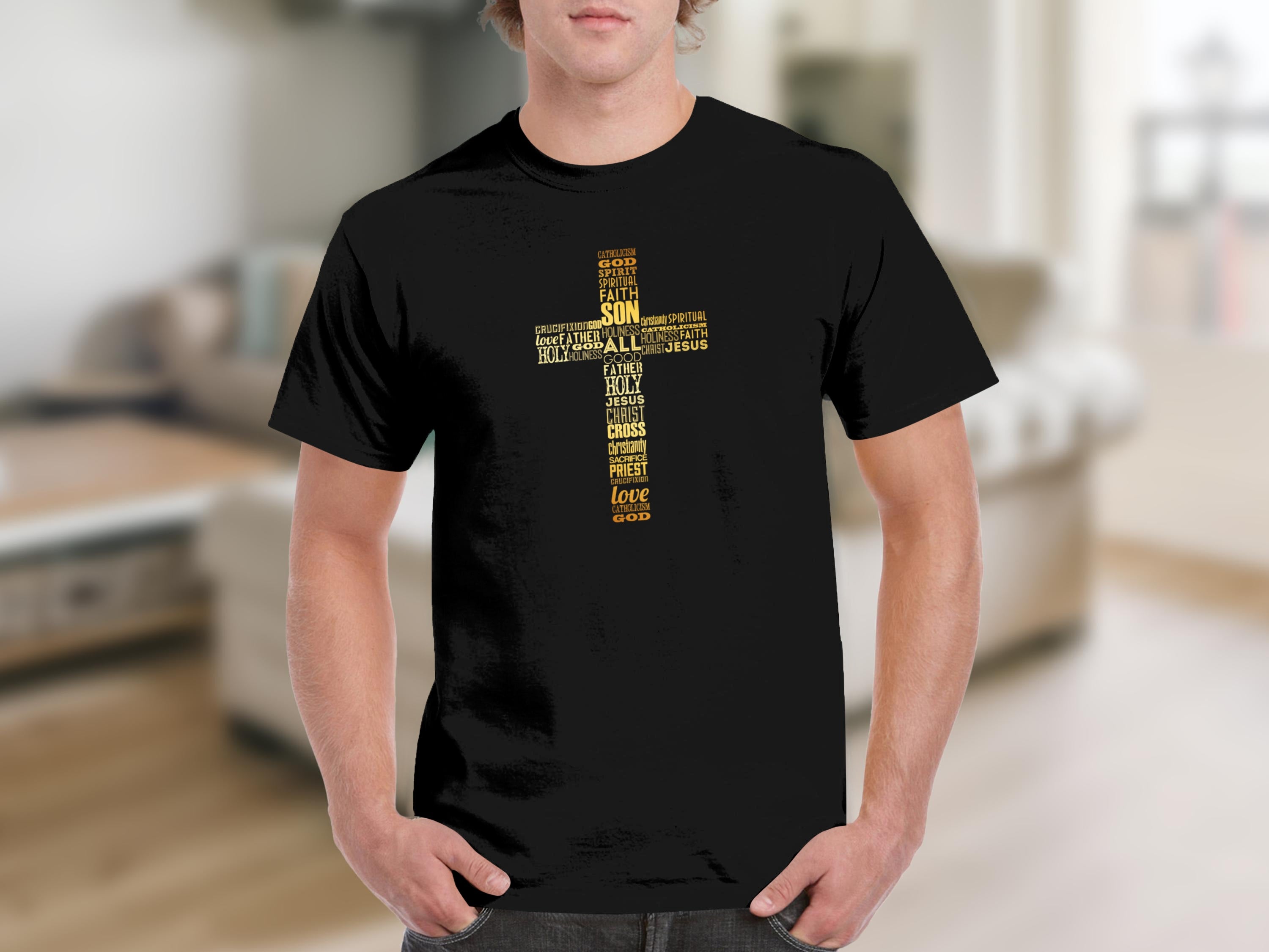 Black t-shirt with gold cross word art featuring religious terms.