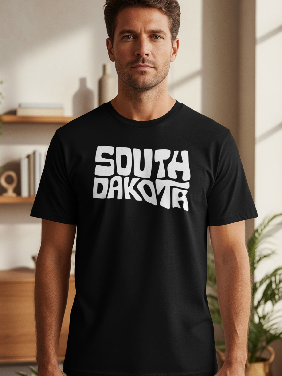Black t-shirt with "SOUTH DAKOTA" in white, bubbly text.