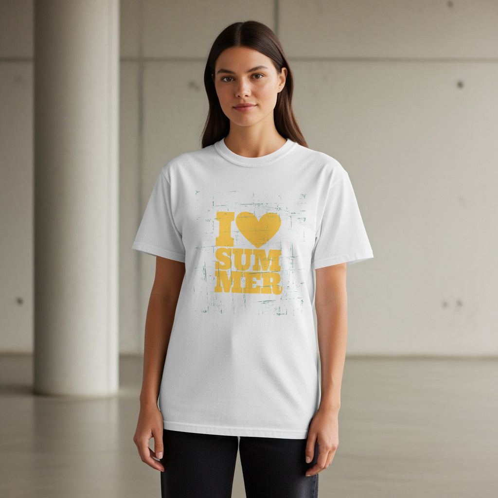 White t-shirt with yellow "I heart SUMMER" graphic and distressed texture.