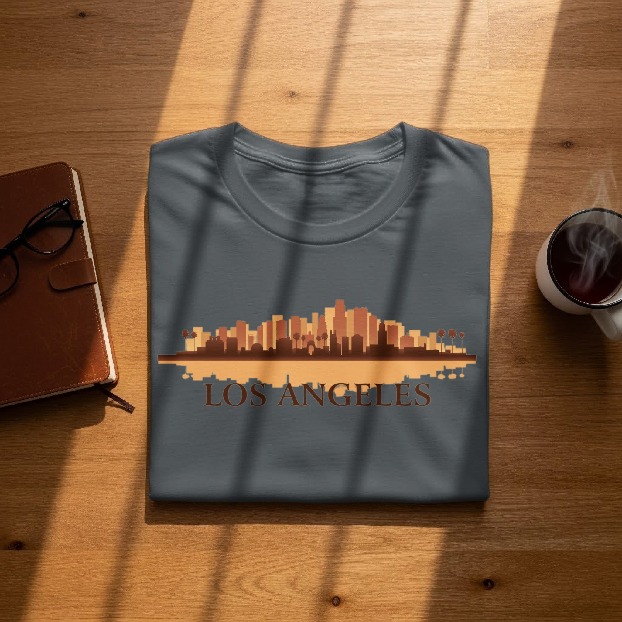 Dark gray t-shirt with "Los Angeles" skyline graphic and text.