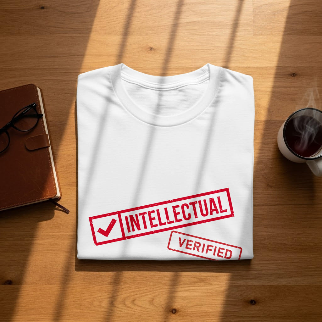 White t-shirt with red "Intellectual Verified" stamp.
