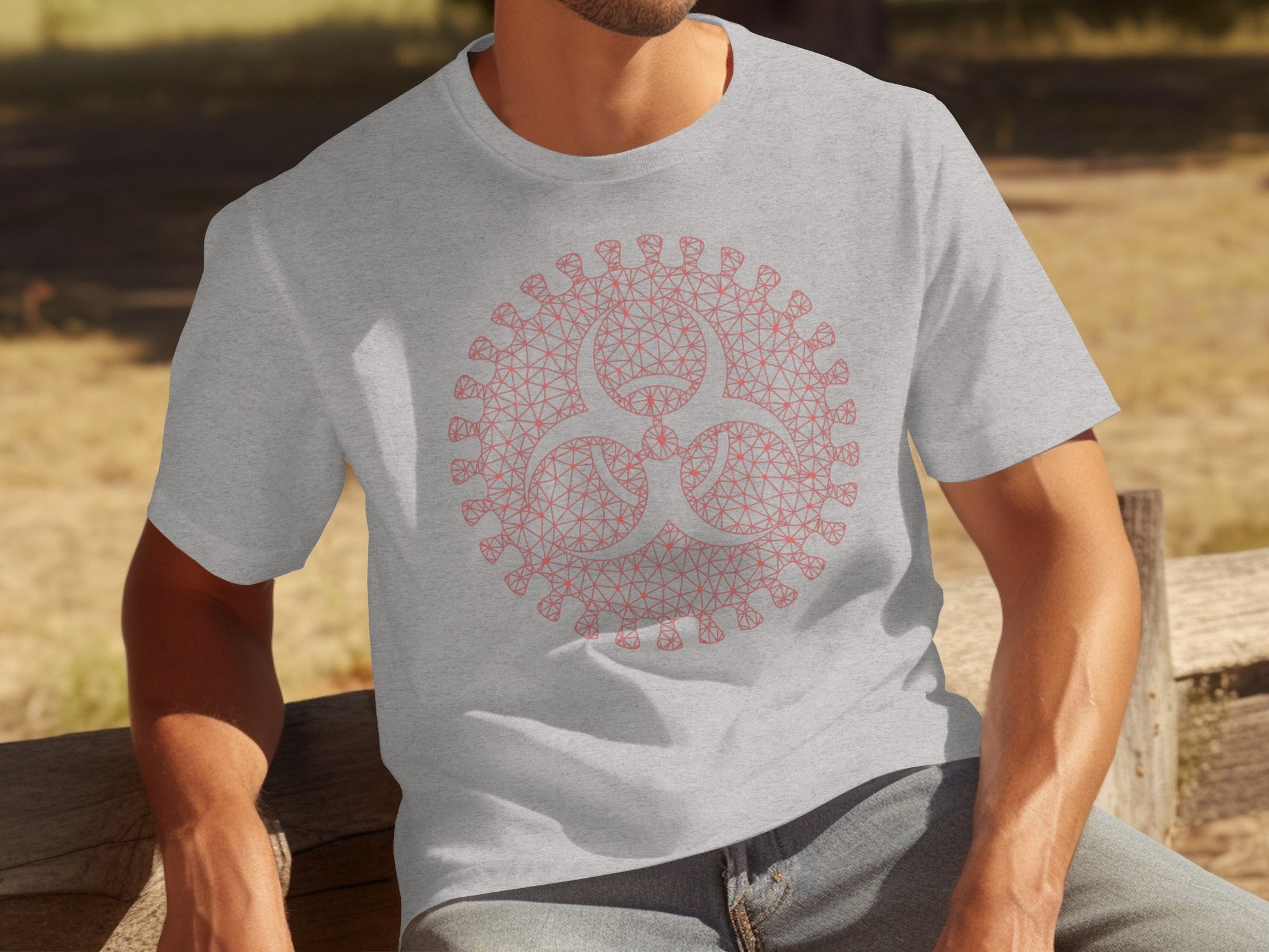 Light gray t-shirt with pink geometric biohazard symbol graphic.