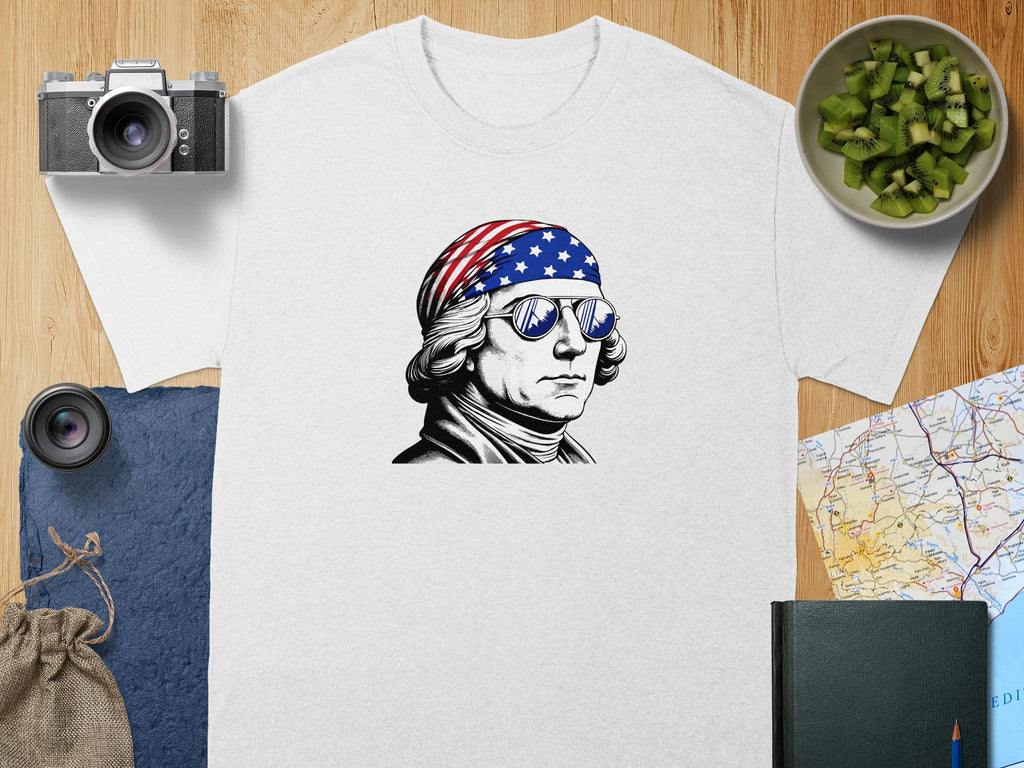 White t-shirt with a graphic of George Washington wearing a bandana and sunglasses.
