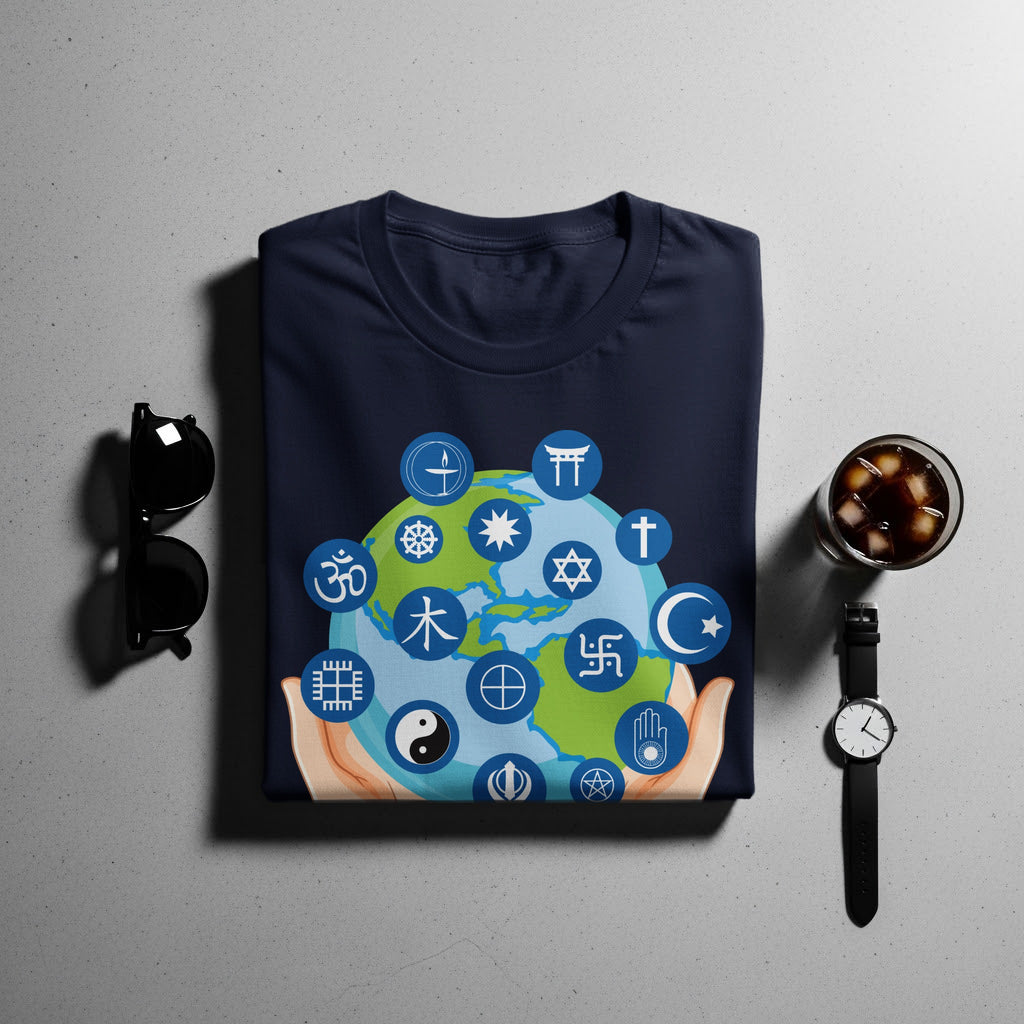 T-shirt with Earth surrounded by religious symbols held by hands.