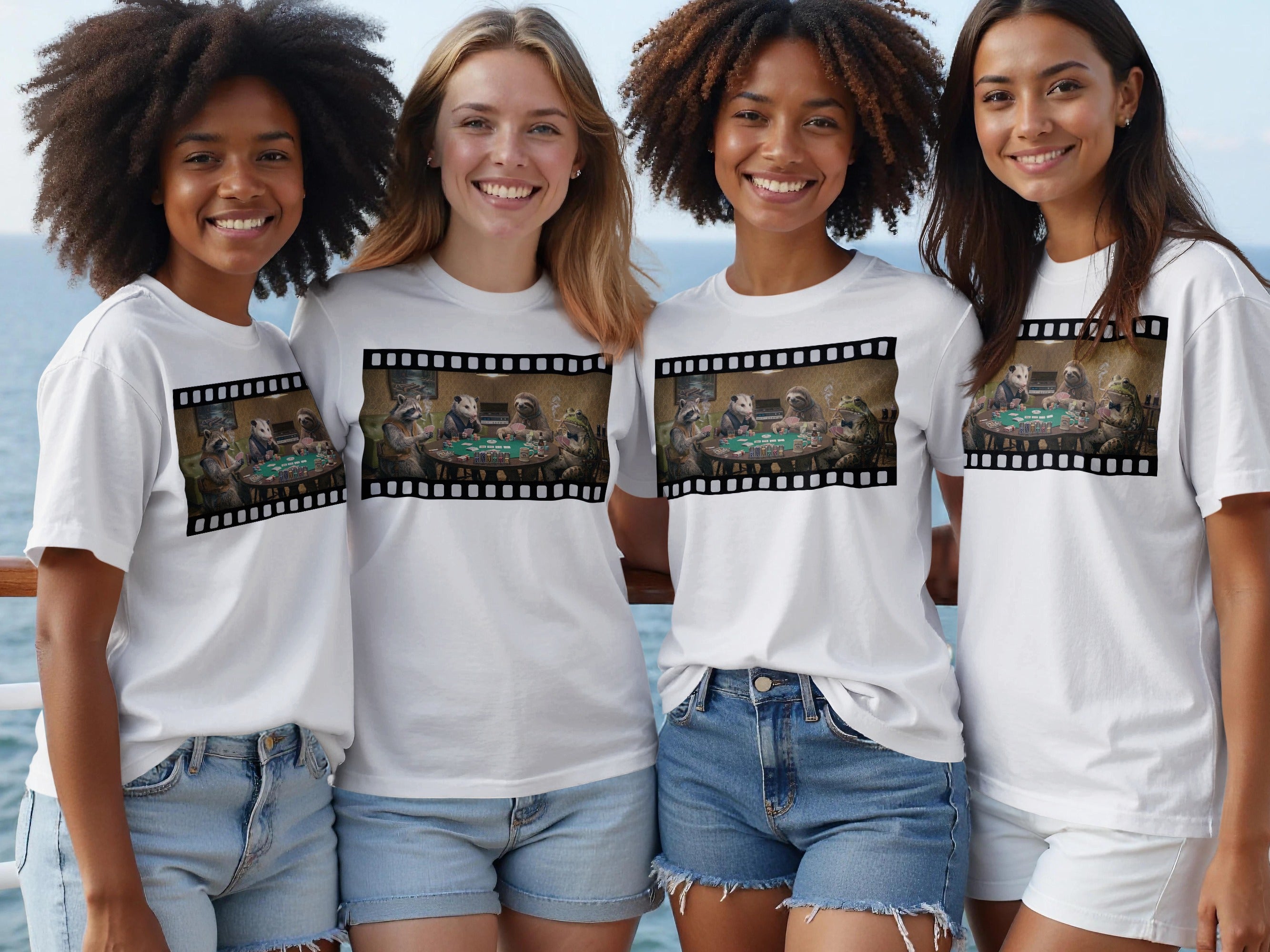T-shirts featuring a film strip graphic of animals playing poker.