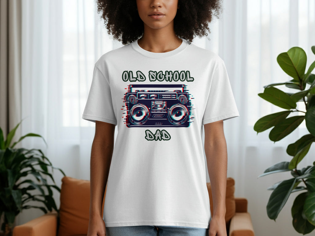 White t-shirt with "OLD SCHOOL DAD" text and retro boombox graphic.