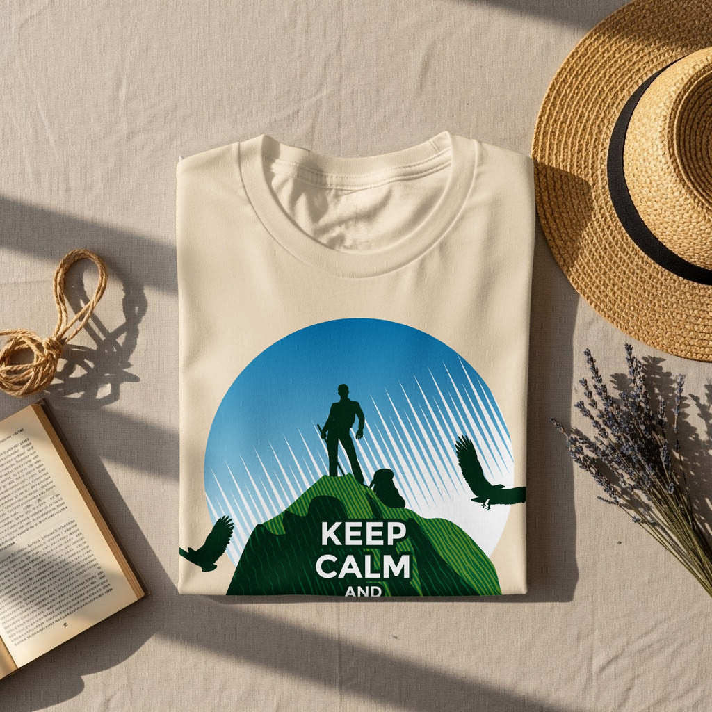 Cream t-shirt with "KEEP CALM AND" text, mountain graphic, and soaring eagles.