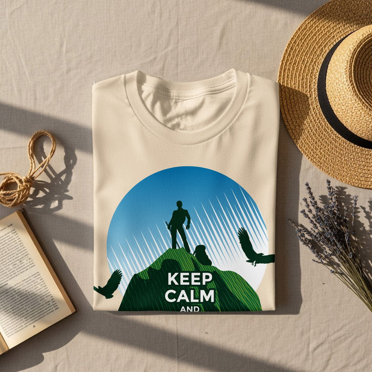 Cream t-shirt with "KEEP CALM AND" text, mountain graphic, and soaring eagles.