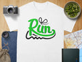 White t-shirt with green "Run" text and black accents.