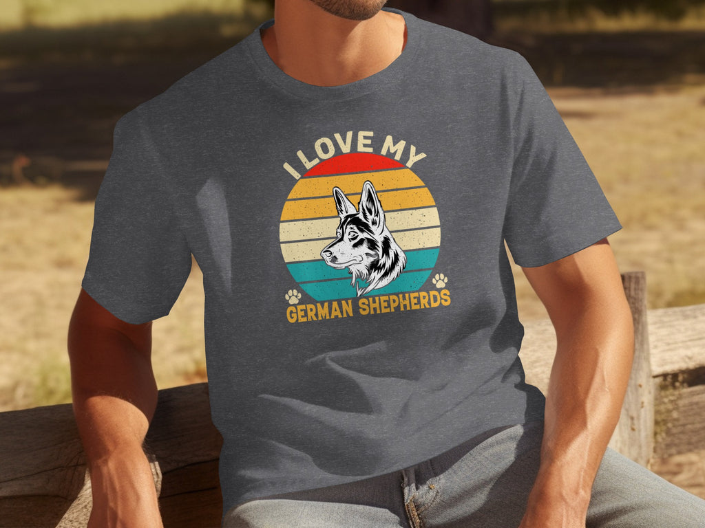 I LOVE MY GERMAN SHEPHERDS graphic with dog portrait and paw prints.
