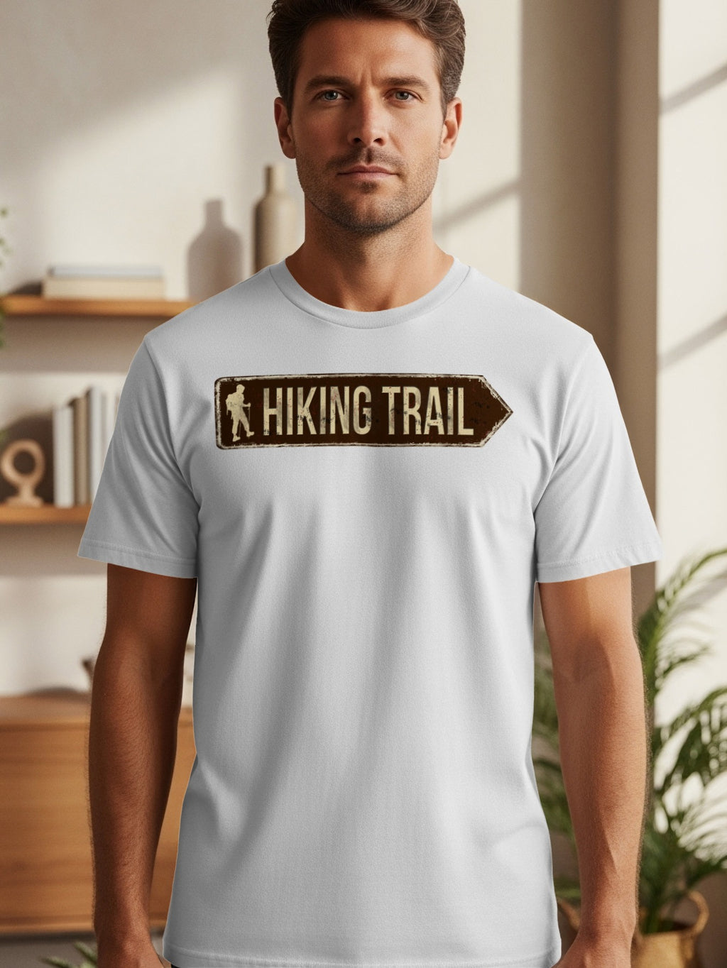 White t-shirt with brown "Hiking Trail" sign graphic featuring a hiker silhouette.