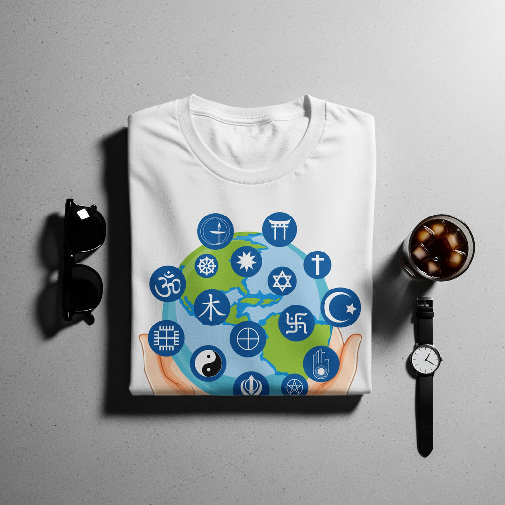 White t-shirt with planet earth and various religious and cultural symbols.