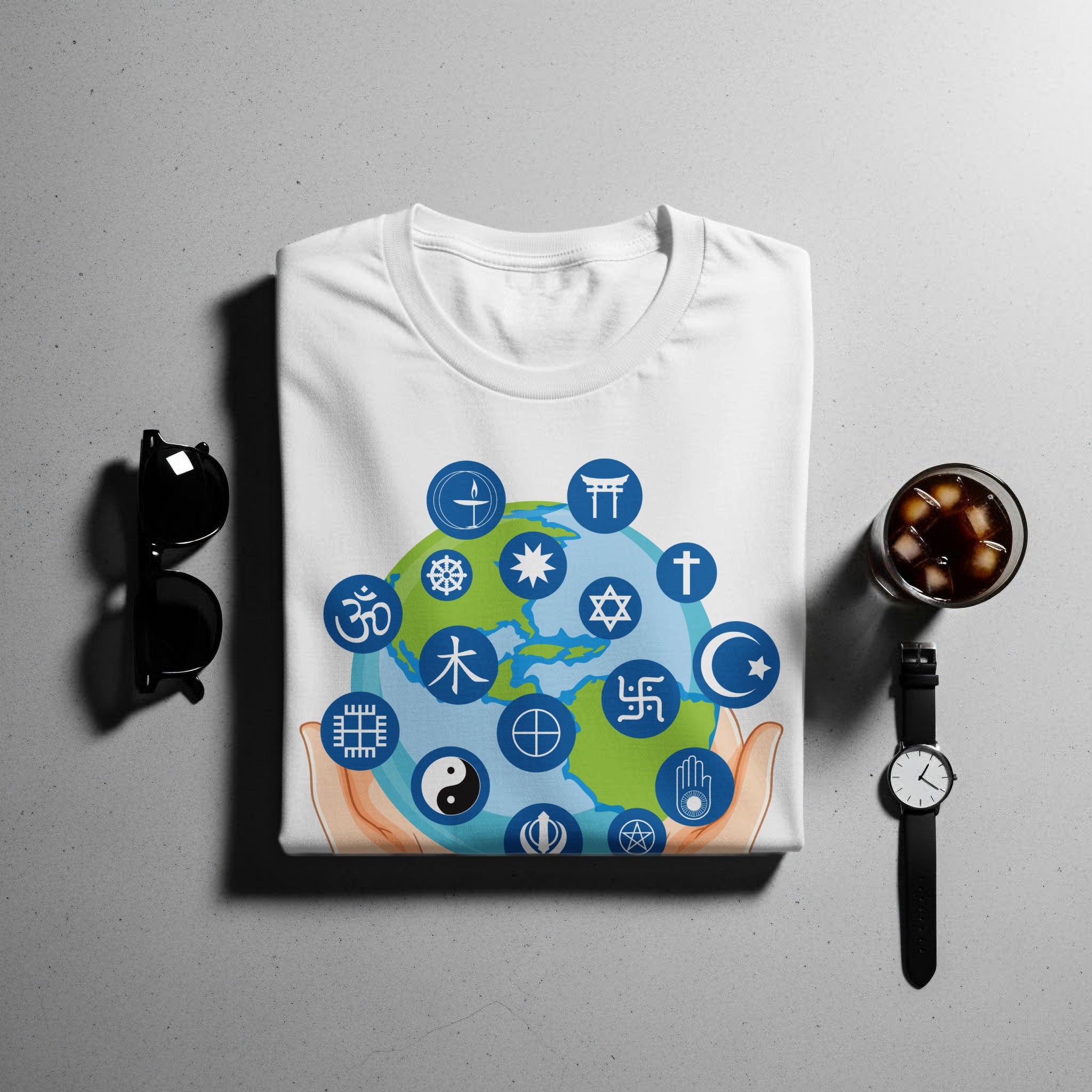 White t-shirt with planet earth and various religious and cultural symbols.