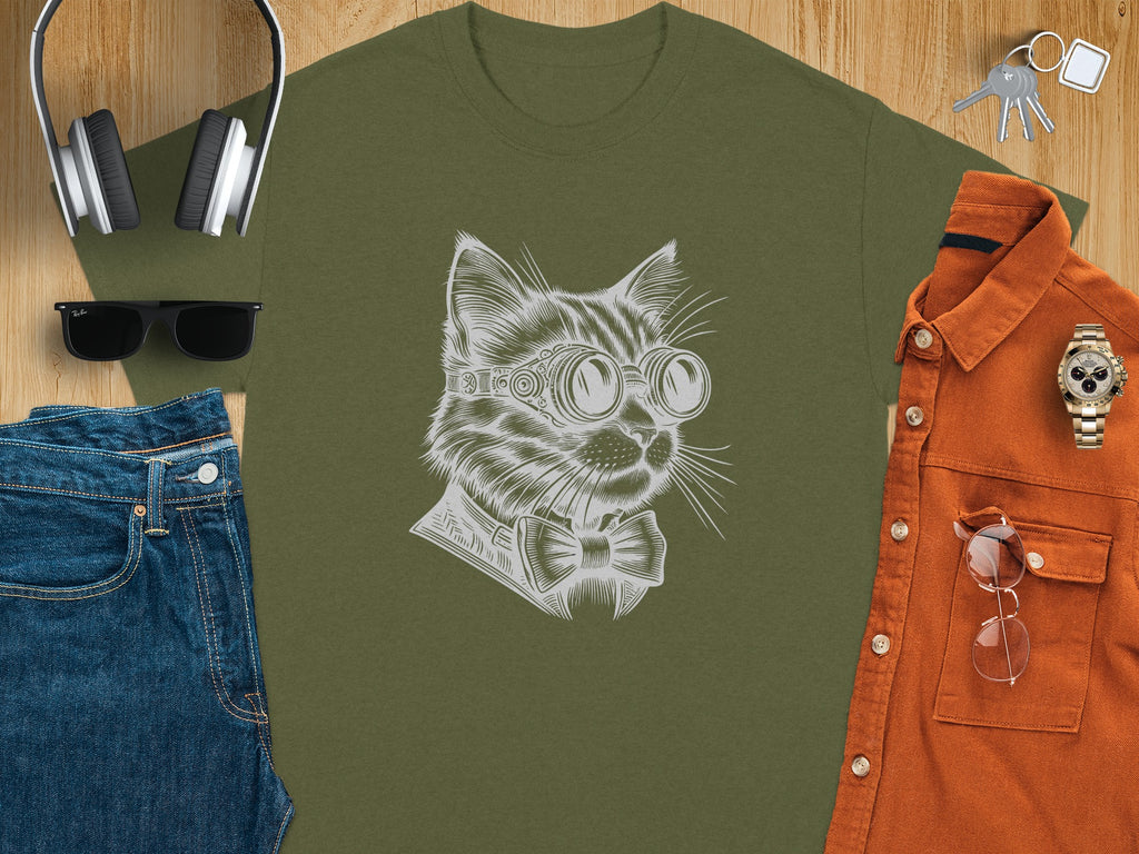 Olive t-shirt with a white line drawing of a steampunk cat wearing goggles and a bow tie.