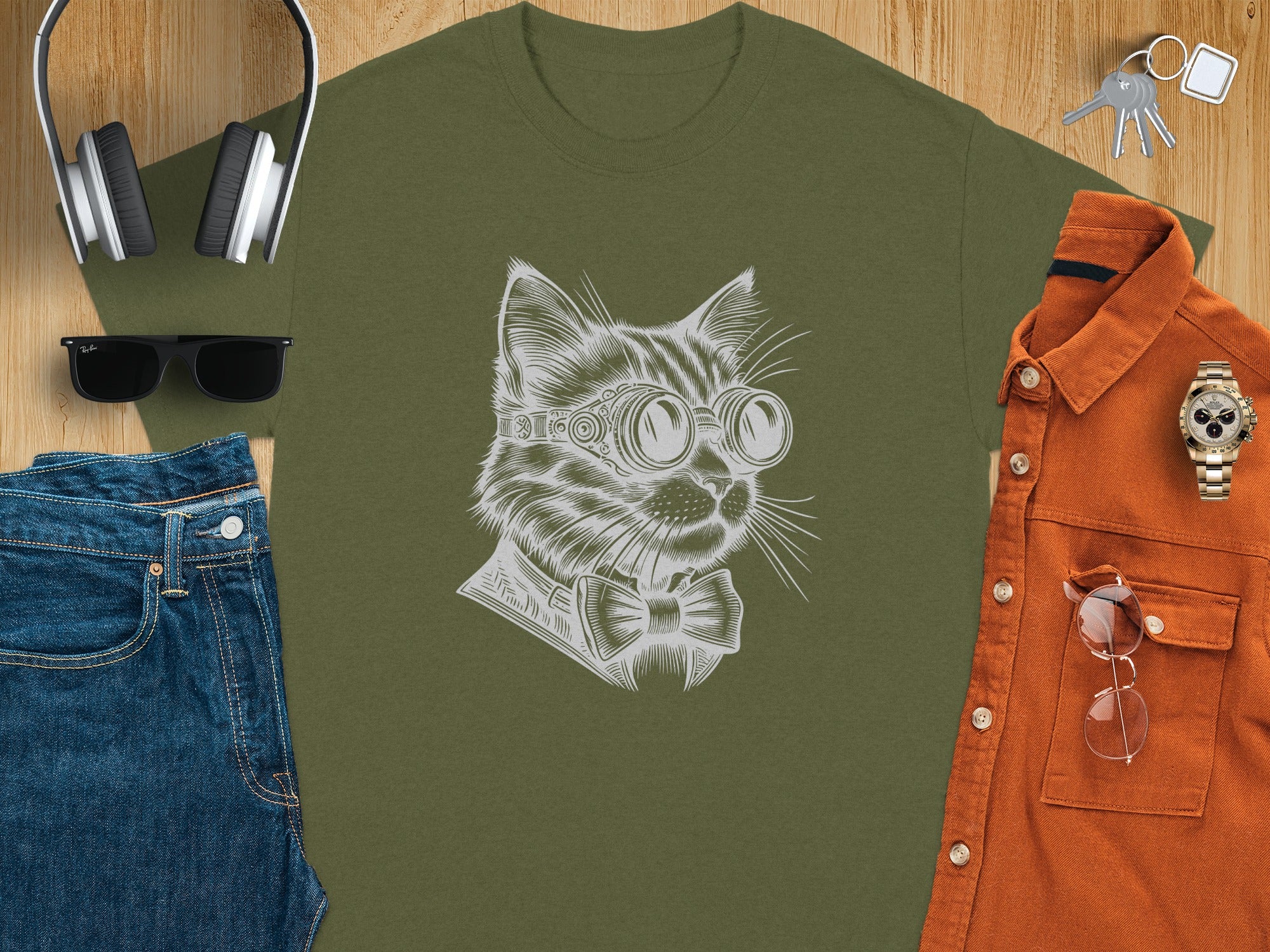 Olive t-shirt with a white line drawing of a steampunk cat wearing goggles and a bow tie.