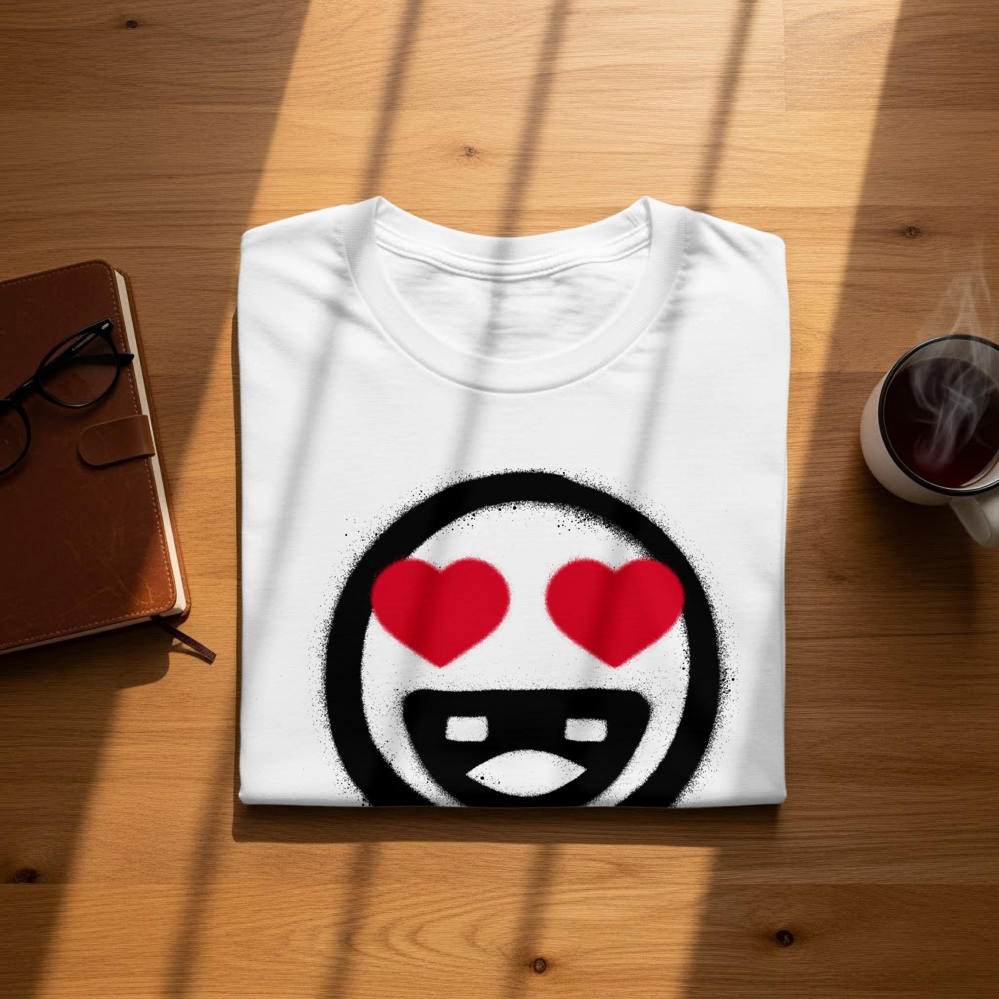 White t-shirt with a black circle and red heart eyes emoji graphic.