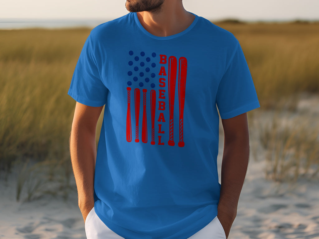 Blue t-shirt with red baseball bats forming an American flag design and the word BASEBALL.