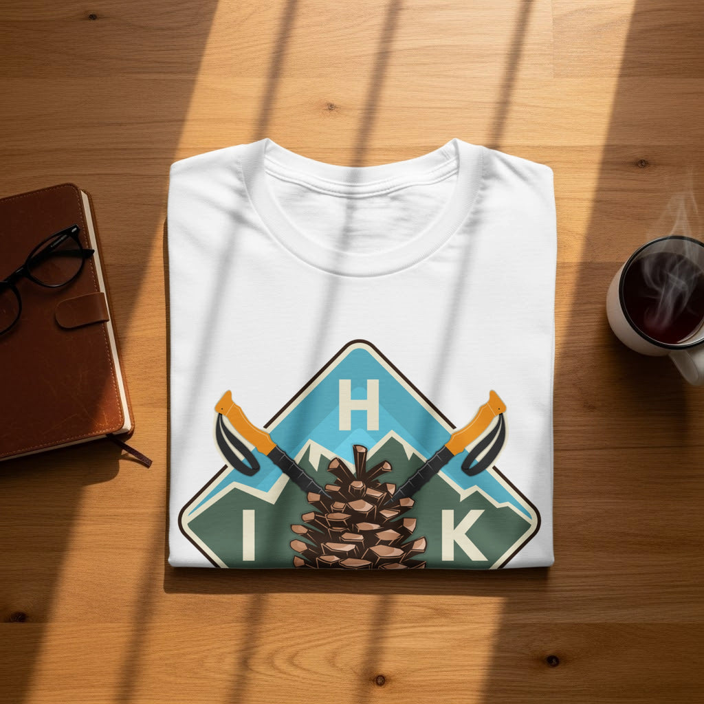 White t-shirt with a nature graphic featuring a pinecone, mountains, ski poles, and letters H I K.