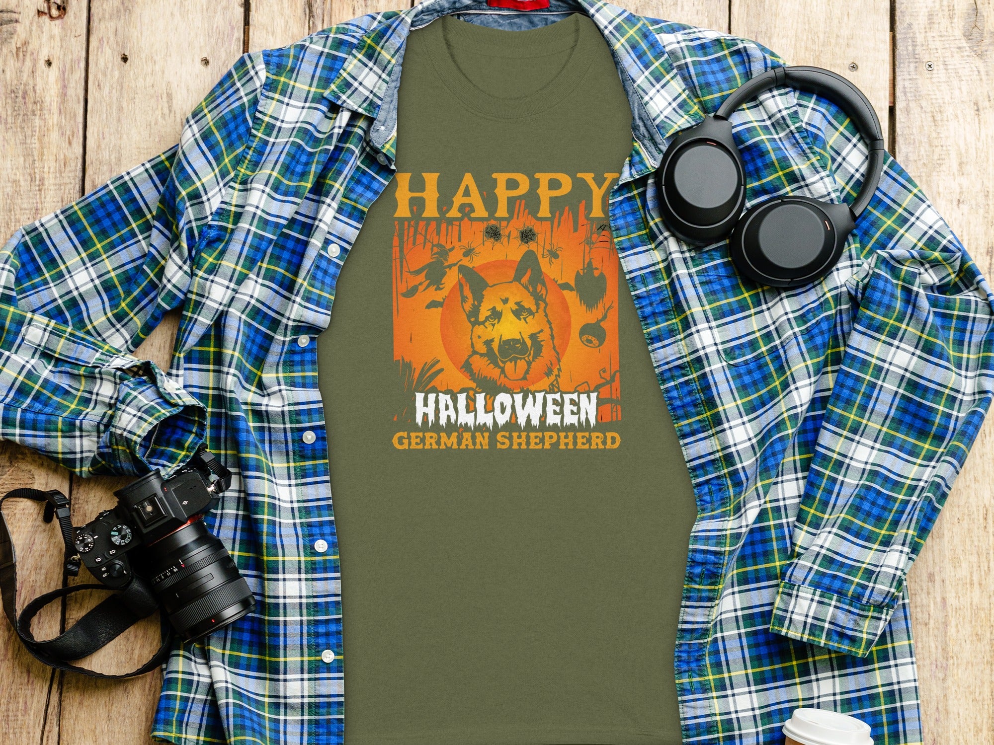 Olive green t-shirt with "Happy Halloween German Shepherd" graphic.