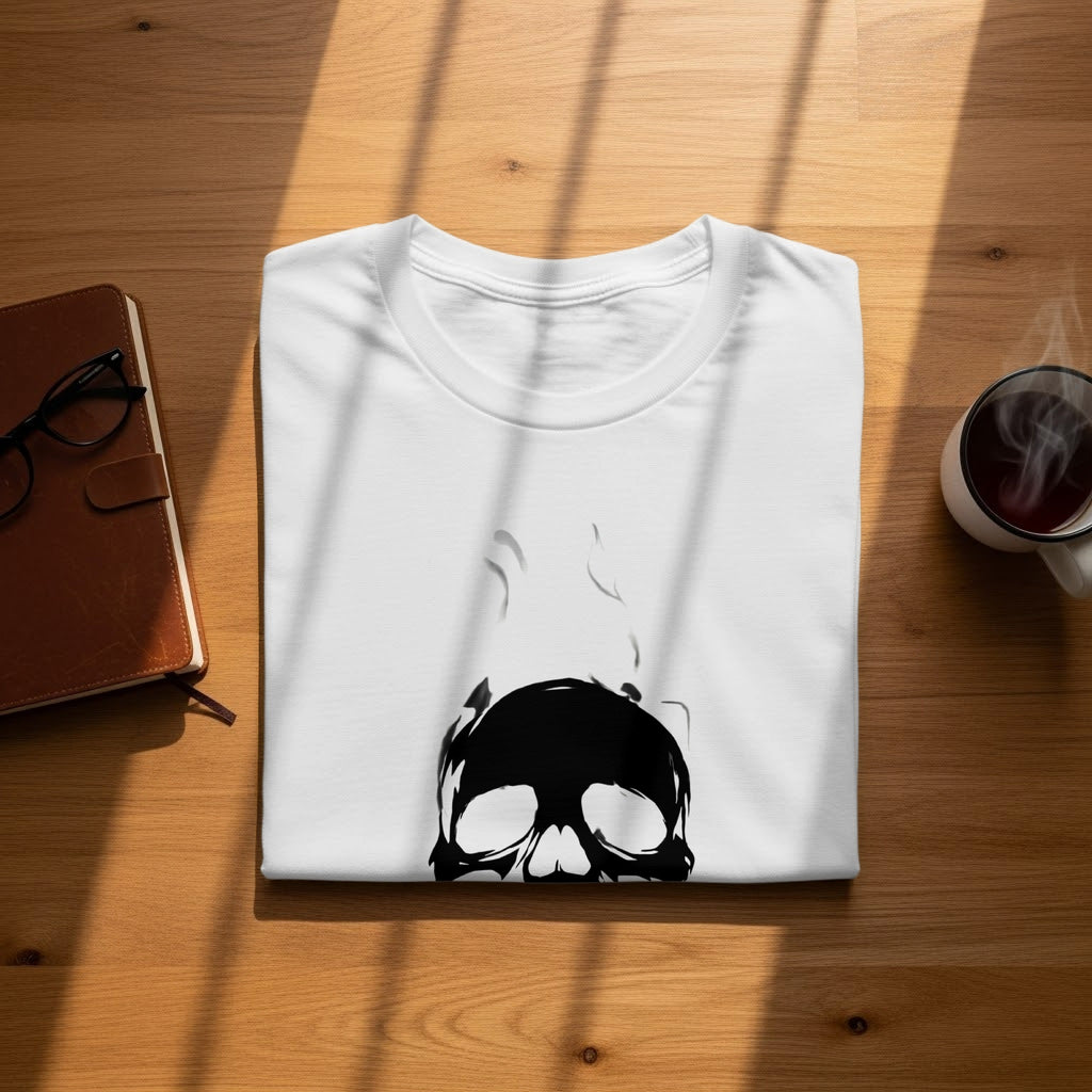 White t-shirt with black skull graphic and smoke designs on wooden surface.