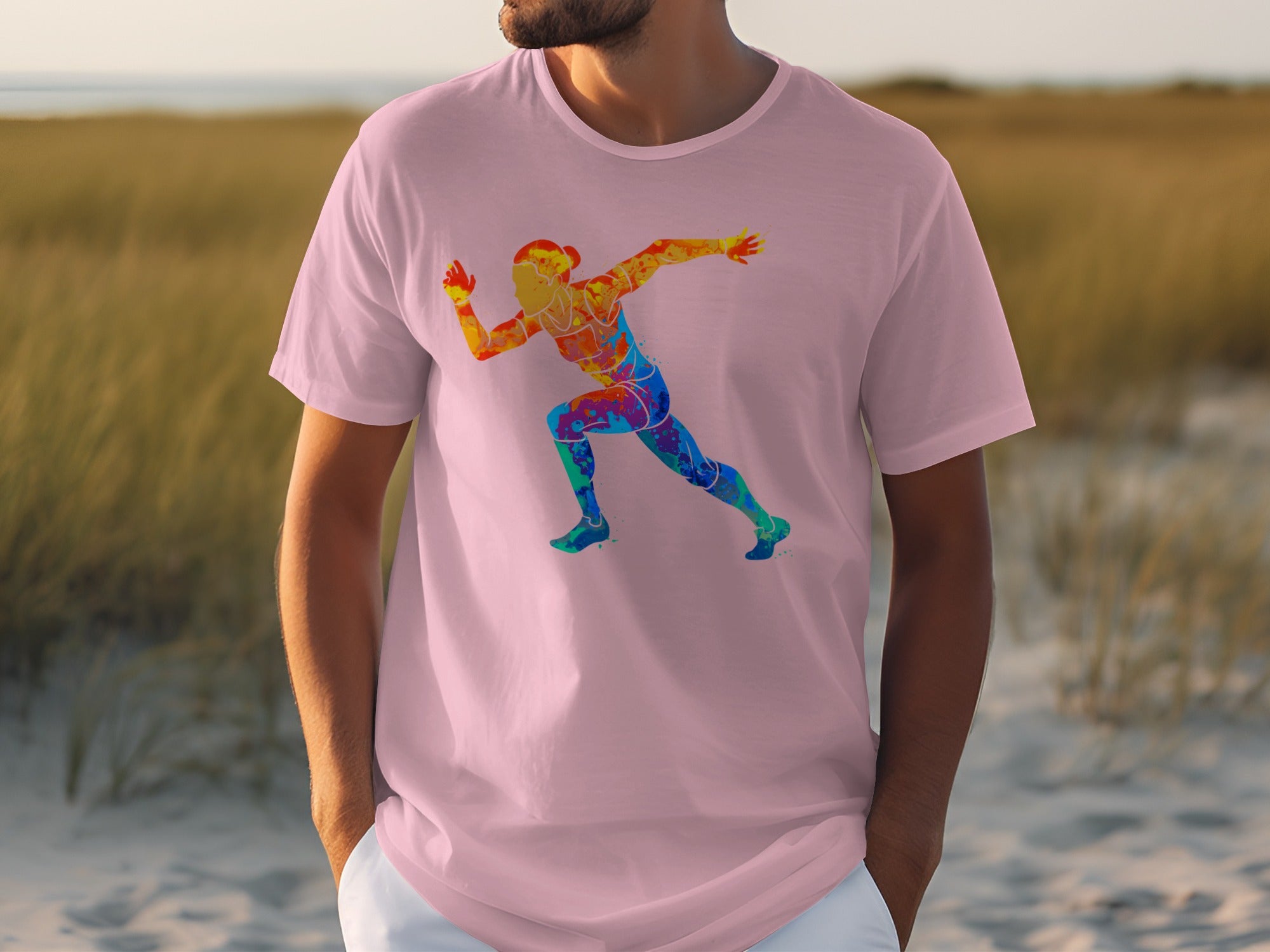 Pink t-shirt with a colorful abstract runner graphic.