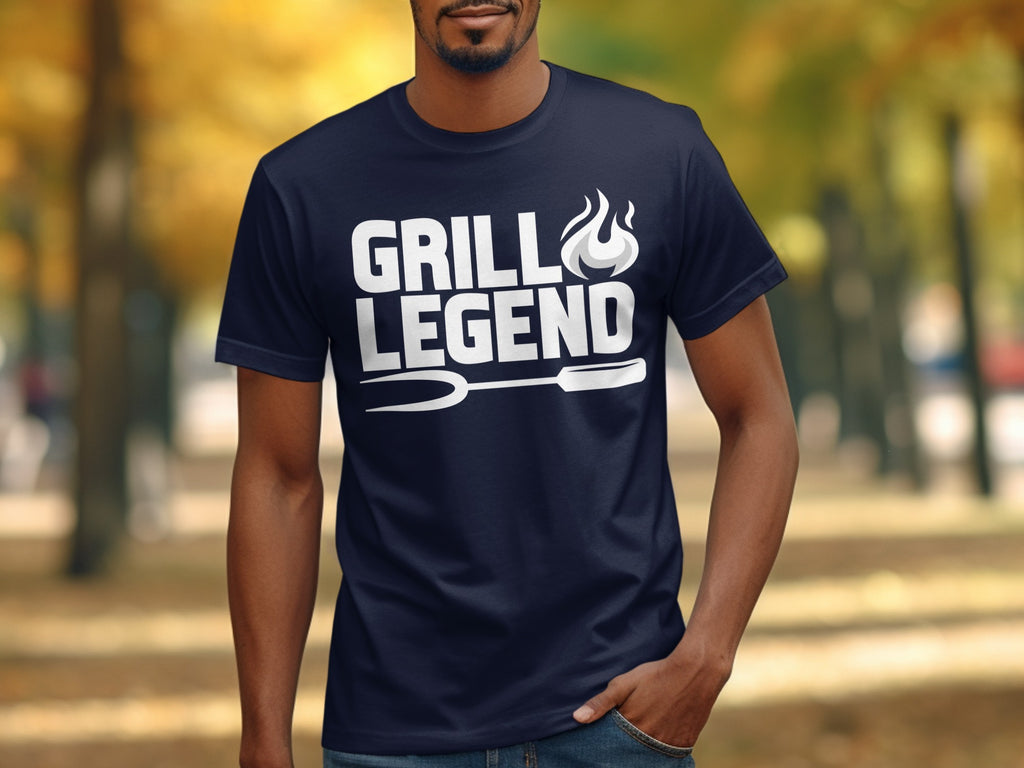 Navy t-shirt with white "GRILL LEGEND" text and flame graphics.