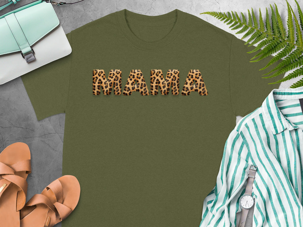 Olive green t-shirt with leopard print "MAMA" text and accessories.